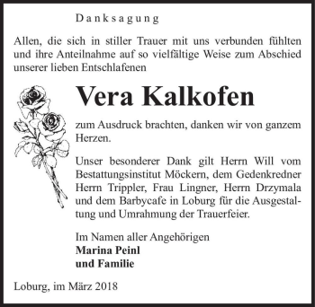 Traueranzeige von Vera Kalkofen  von Magdeburger Volksstimme