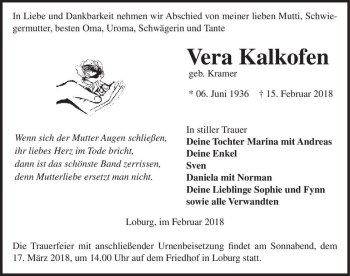 Traueranzeige von Vera Kalkofen (geb. Kramer)  von Magdeburger Volksstimme