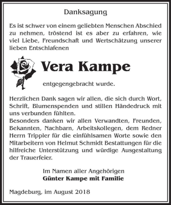 Traueranzeige von Vera Kampe  von Magdeburger Volksstimme