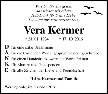 Traueranzeige von Vera Kermer  von Magdeburger Volksstimme