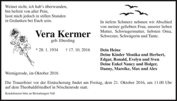 Traueranzeige von Vera Kermer (geb. Eberding)  von Magdeburger Volksstimme