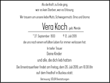 Traueranzeige von Vera Koch (geb. Mende)  von Magdeburger Volksstimme