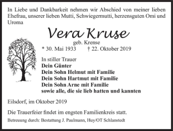 Traueranzeige von Vera Kruse (geb. Krense)  von Magdeburger Volksstimme