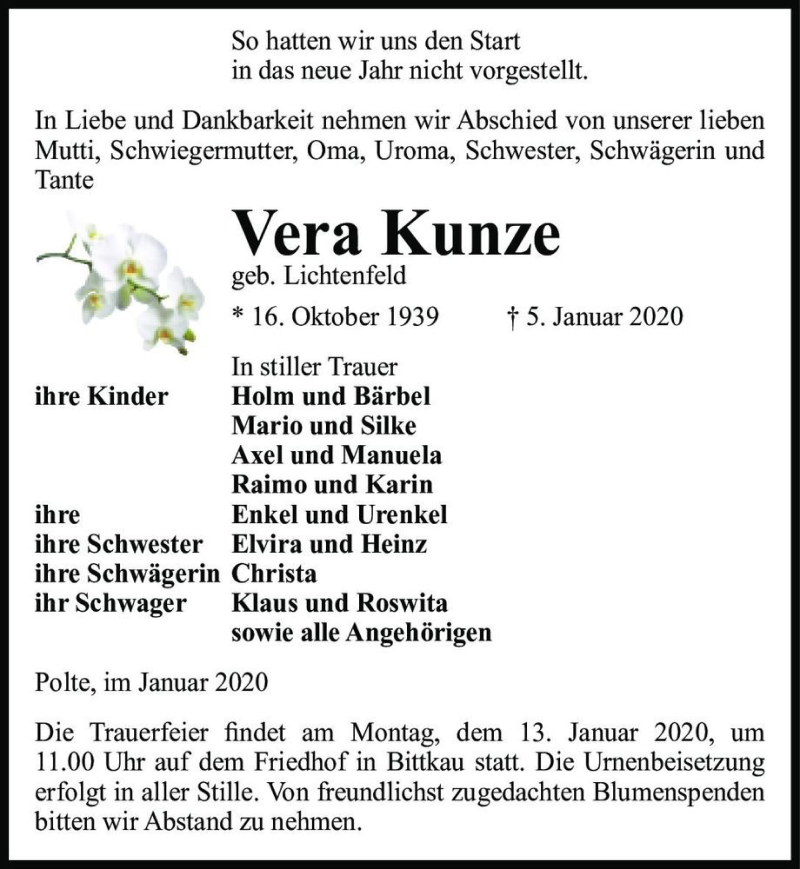  Traueranzeige für Vera Kunze (geb. Lichtenfeld)  vom 08.01.2020 aus Magdeburger Volksstimme