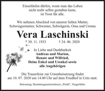 Traueranzeige von Vera Laschinski  von Magdeburger Volksstimme