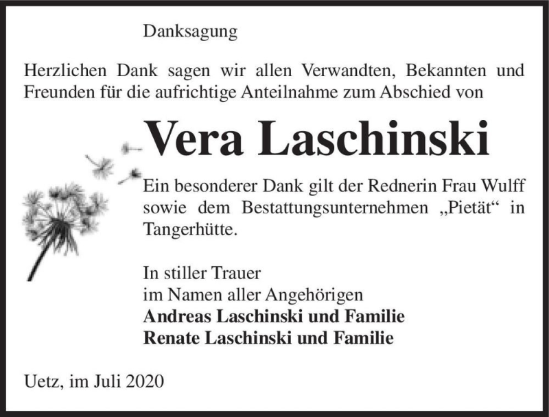  Traueranzeige für Vera Laschinski  vom 18.07.2020 aus Magdeburger Volksstimme