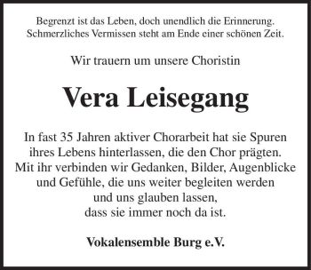Traueranzeige von Vera Leisegang  von Magdeburger Volksstimme