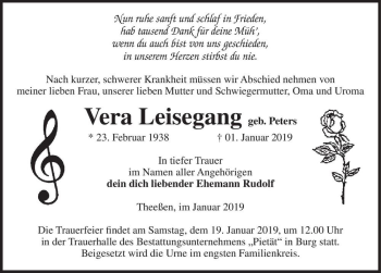 Traueranzeige von Vera Leisegang (geb. Peters)  von Magdeburger Volksstimme