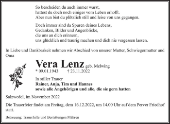 Traueranzeige von Vera Lenz (geb. Melwing)  von Magdeburger Volksstimme