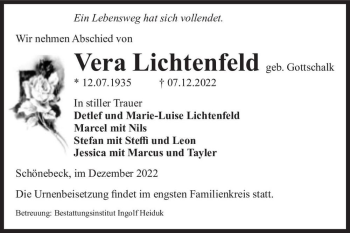 Traueranzeige von Vera Lichtenfeld (geb. Gottschalk)  von Magdeburger Volksstimme