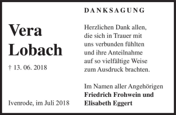 Traueranzeige von Vera Lobach  von Magdeburger Volksstimme