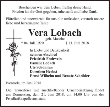 Traueranzeige von Vera Lobach (geb. Masche)  von Magdeburger Volksstimme