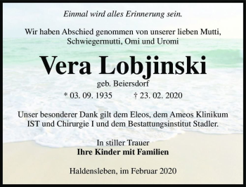 Traueranzeige von Vera Lobjinski (geb. Beiersdorf)  von Magdeburger Volksstimme