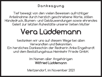 Traueranzeige von Vera Lüddemann  von Magdeburger Volksstimme