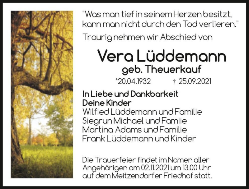  Traueranzeige für Vera Lüddemann (geb. Theuerkauf)  vom 16.10.2021 aus Magdeburger Volksstimme