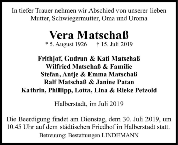 Traueranzeige von Vera Matschaß  von Magdeburger Volksstimme