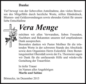 Traueranzeige von Vera Menge  von Magdeburger Volksstimme