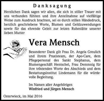 Traueranzeige von Vera Mensch  von Magdeburger Volksstimme