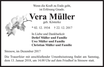 Traueranzeige von Vera Müller (geb. Kösterke)  von Magdeburger Volksstimme
