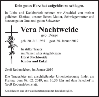 Traueranzeige von Vera Nachtweide (geb. Dörge)  von Magdeburger Volksstimme