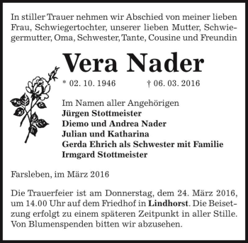 Traueranzeige von Vera Nader  von Magdeburger Volksstimme