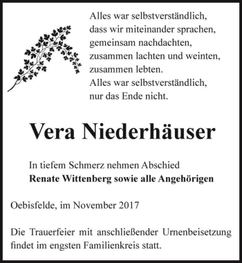 Traueranzeige von Vera Niederhäuser  von Magdeburger Volksstimme