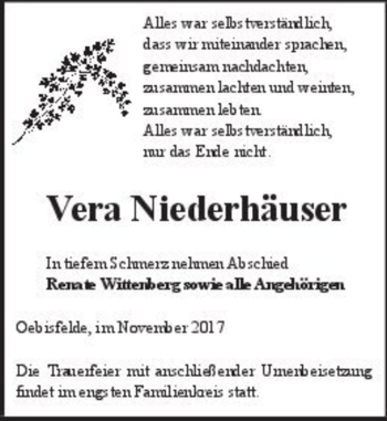 Traueranzeige von Vera Niederhäuser  von Magdeburger Volksstimme