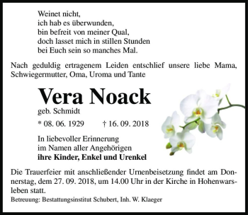 Traueranzeige von Vera Noack (geb. Schmidt)  von Magdeburger Volksstimme
