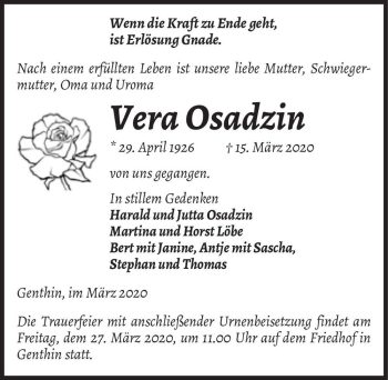 Traueranzeige von Vera Osadzin  von Magdeburger Volksstimme