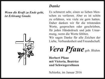 Traueranzeige von Vera Pfaue (geb. Bluhm)  von Magdeburger Volksstimme