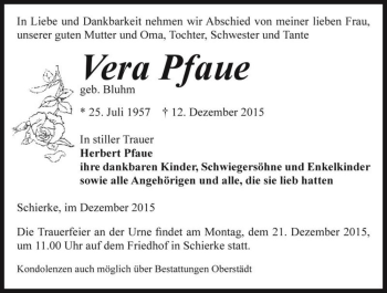 Traueranzeige von Vera Pfaue (geb. Bluhm)  von Magdeburger Volksstimme