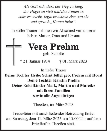 Traueranzeige von Vera Prehm (geb. Schotte)  von Magdeburger Volksstimme