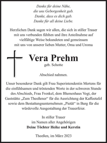 Traueranzeige von Vera Prehm (geb. Schotte)  von Magdeburger Volksstimme