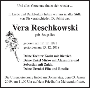 Traueranzeige von Vera Reschkowski (geb. geb. Szugsdies)  von Magdeburger Volksstimme