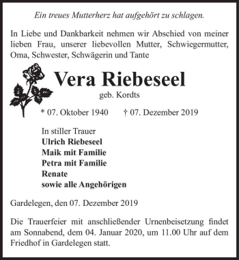 Traueranzeige von Vera Riebeseel (geb. Kordts)  von Magdeburger Volksstimme