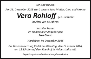 Traueranzeige von Vera Rohloff (geb. Biethahn)  von Magdeburger Volksstimme