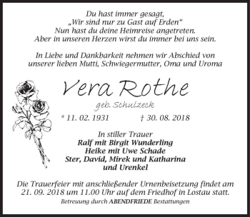 Traueranzeige von Vera Rothe (geb. Schulzeck)  von Magdeburger Volksstimme