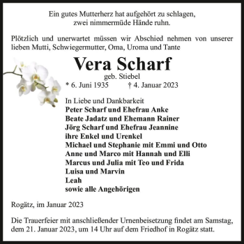 Traueranzeige von Vera Scharf (geb. Stiebel)  von Magdeburger Volksstimme