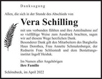 Traueranzeige von Vera Schilling  von Magdeburger Volksstimme