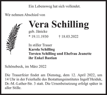Traueranzeige von Vera Schilling (geb. Jänicke)  von Magdeburger Volksstimme