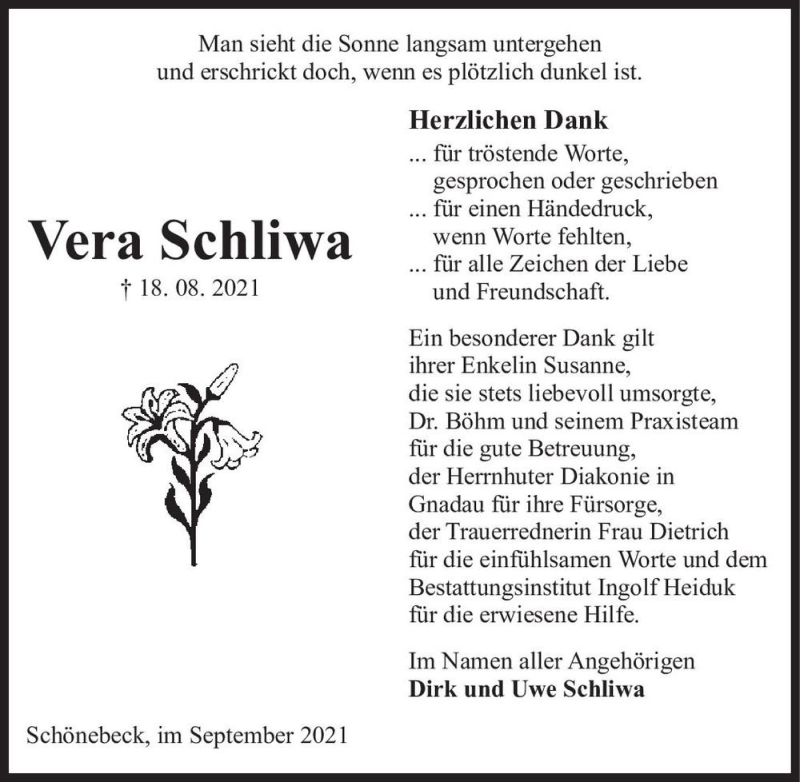  Traueranzeige für Vera Schliwa  vom 11.09.2021 aus Magdeburger Volksstimme