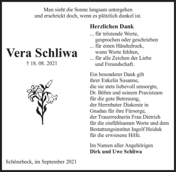 Traueranzeige von Vera Schliwa  von Magdeburger Volksstimme