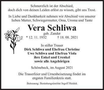 Traueranzeige von Vera Schliwa (geb. Zander)  von Magdeburger Volksstimme