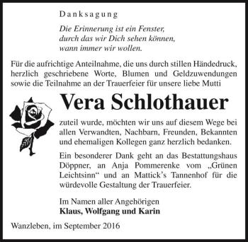 Traueranzeige von Vera Schlothauer  von Magdeburger Volksstimme