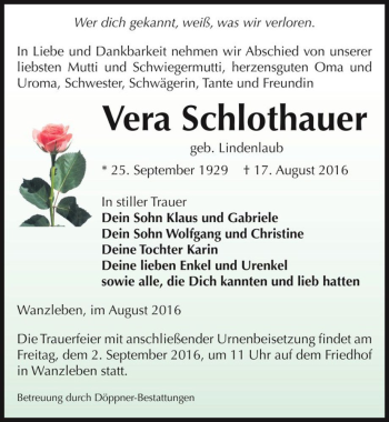 Traueranzeige von Vera Schlothauer (geb. Lindenlaub)  von Magdeburger Volksstimme