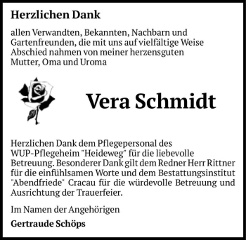 Traueranzeige von Vera Schmidt  von Magdeburger Volksstimme