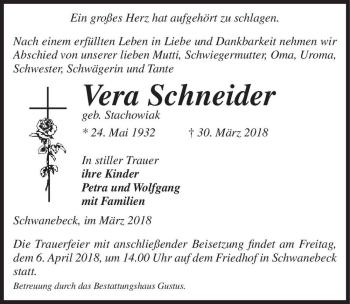 Traueranzeige von Vera Schneider  von Magdeburger Volksstimme