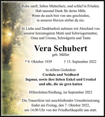 Traueranzeige von Vera Schubert (geb. Müller)  von Magdeburger Volksstimme