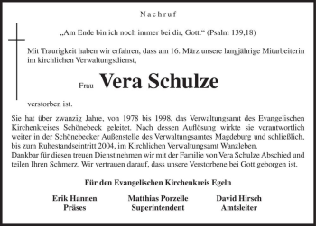 Traueranzeige von Vera Schulze  von Magdeburger Volksstimme