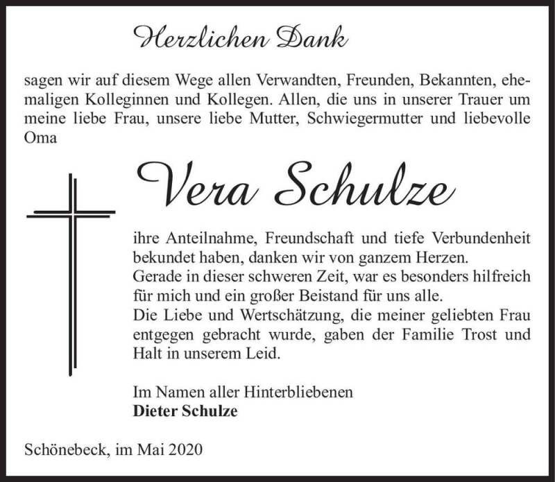  Traueranzeige für Vera Schulze  vom 16.05.2020 aus Magdeburger Volksstimme